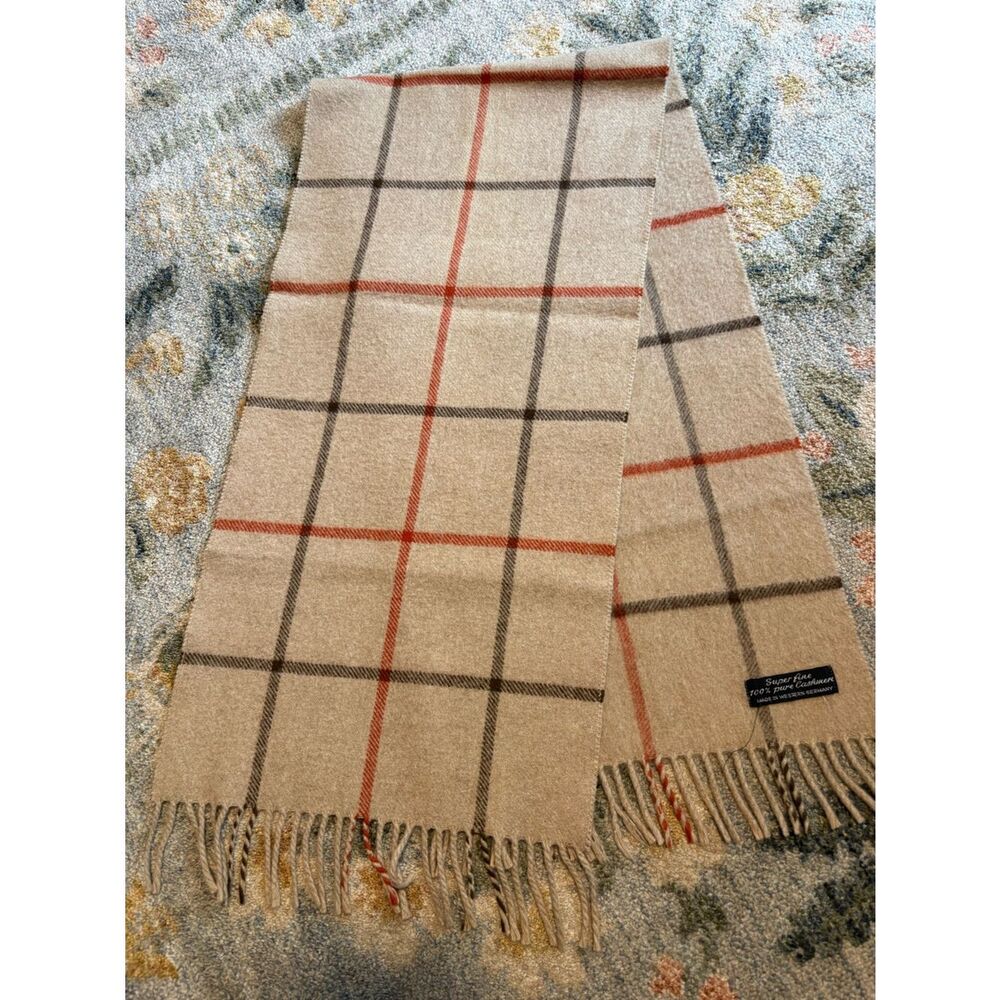 100% Cashmere Plaid Fringe Trim Handcraft Inc Western Germany Scarf